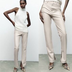 NWT Zara Faux Leather Flared-Slit Slim Fit Pants in Ecru sz 6